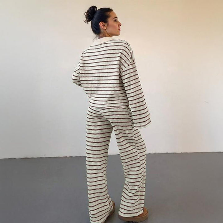 Cozy and chic women's knit lounge set with stripes, perfect comfort wear for relaxed home moments.