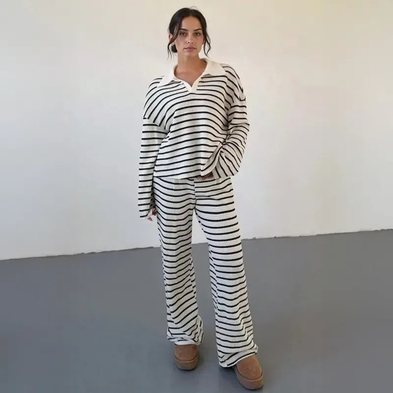 Stylish women's striped knit two-piece lounge set, offering relaxed comfort and chic homewear appeal.