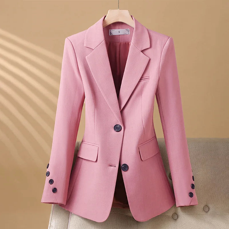 Chic women's tailored blazer jacket for professional wear. Elegant, structured design with contrast buttons, perfect for work.