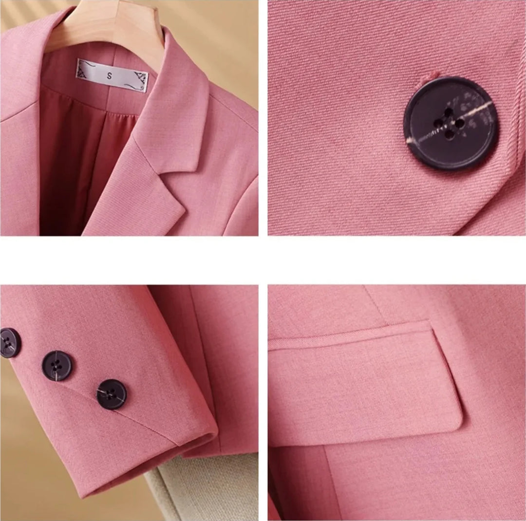 Modern women's tailored blazer jacket, elegant outerwear for professional or smart casual settings. Chic structured design.