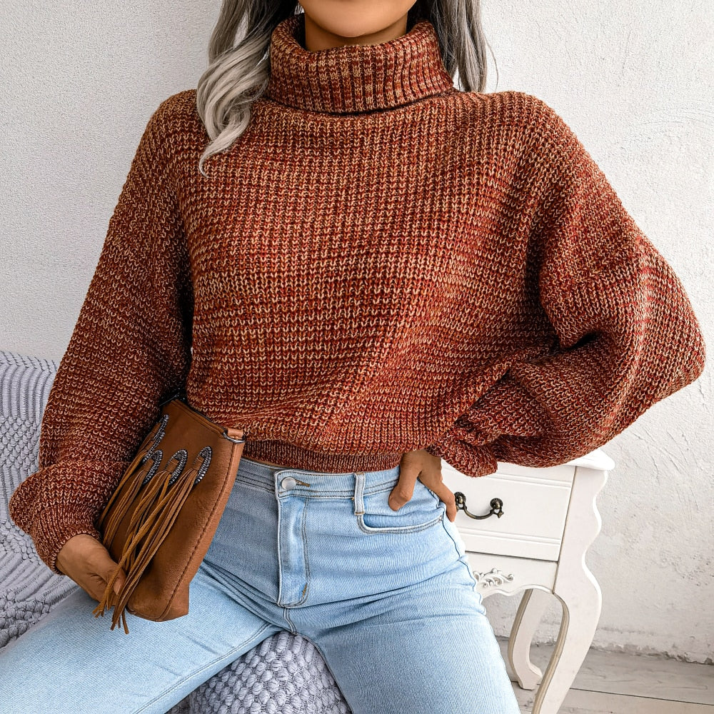 Chic women's turtleneck sweater, versatile for office wear or casual fall fashion. Cozy long sleeve knit top.
