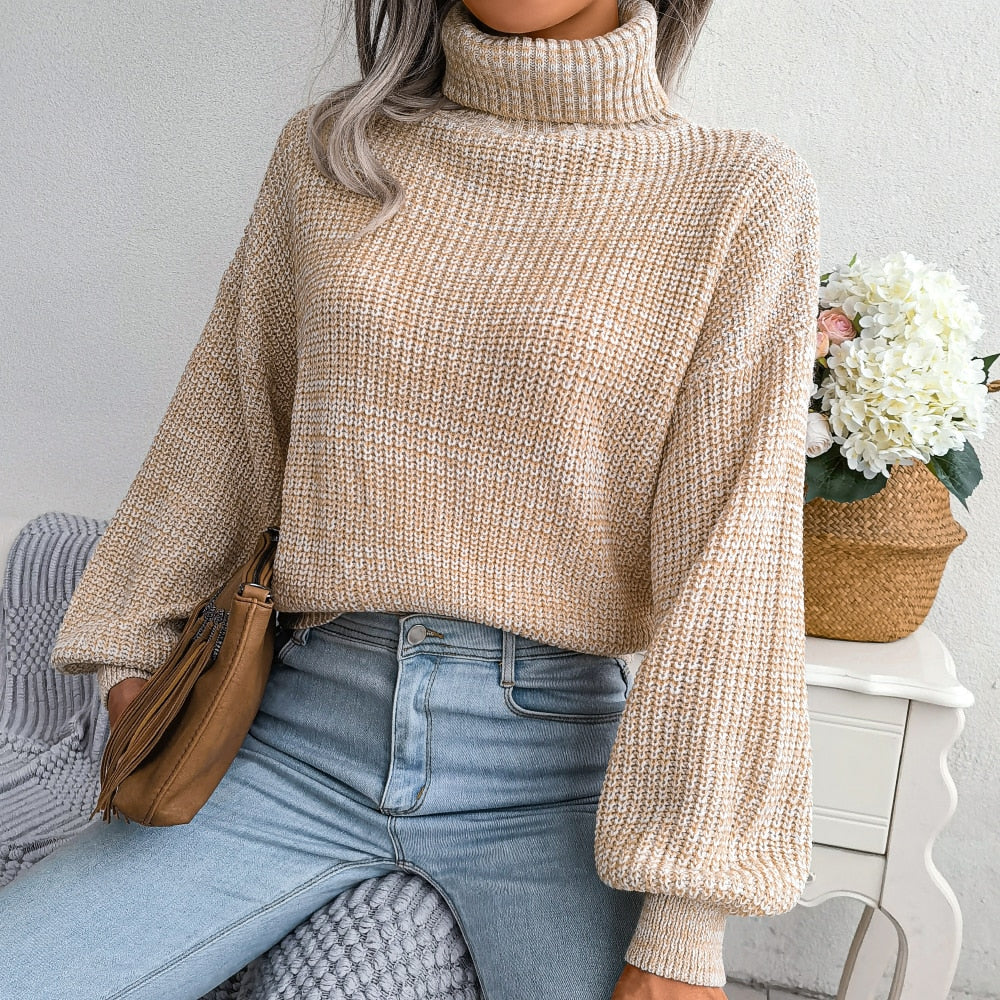 Cozy women's turtleneck sweater for winter style. Soft knit long sleeve top, perfect for fall fashion.