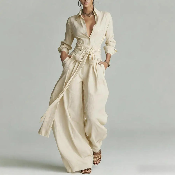 Chic women's two-piece co-ord set featuring a button-down shirt & wide-leg pants for elegant, relaxed style.