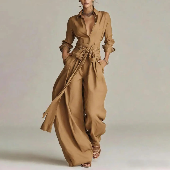 Women's matching outfit: relaxed fit button-down shirt & wide-leg pants. Perfect for smart casual & everyday chic.