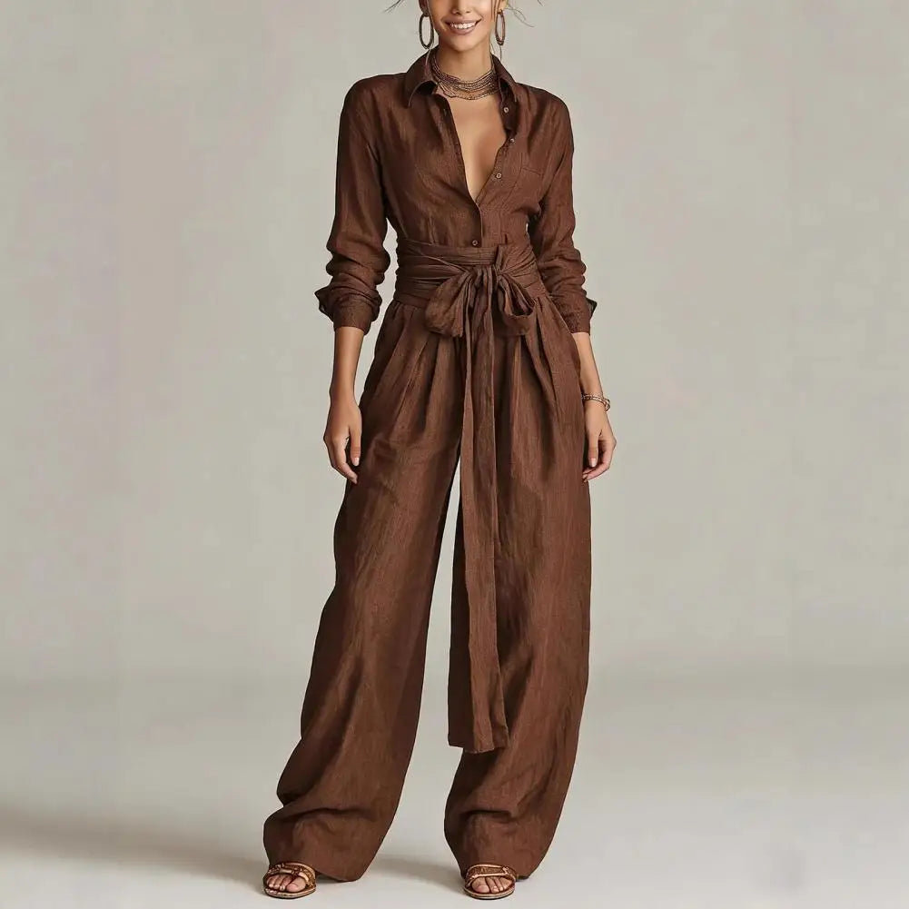 Elegant women's co-ord set with a stylish button-down shirt and flowy wide-leg pants, perfect for versatile fashion.