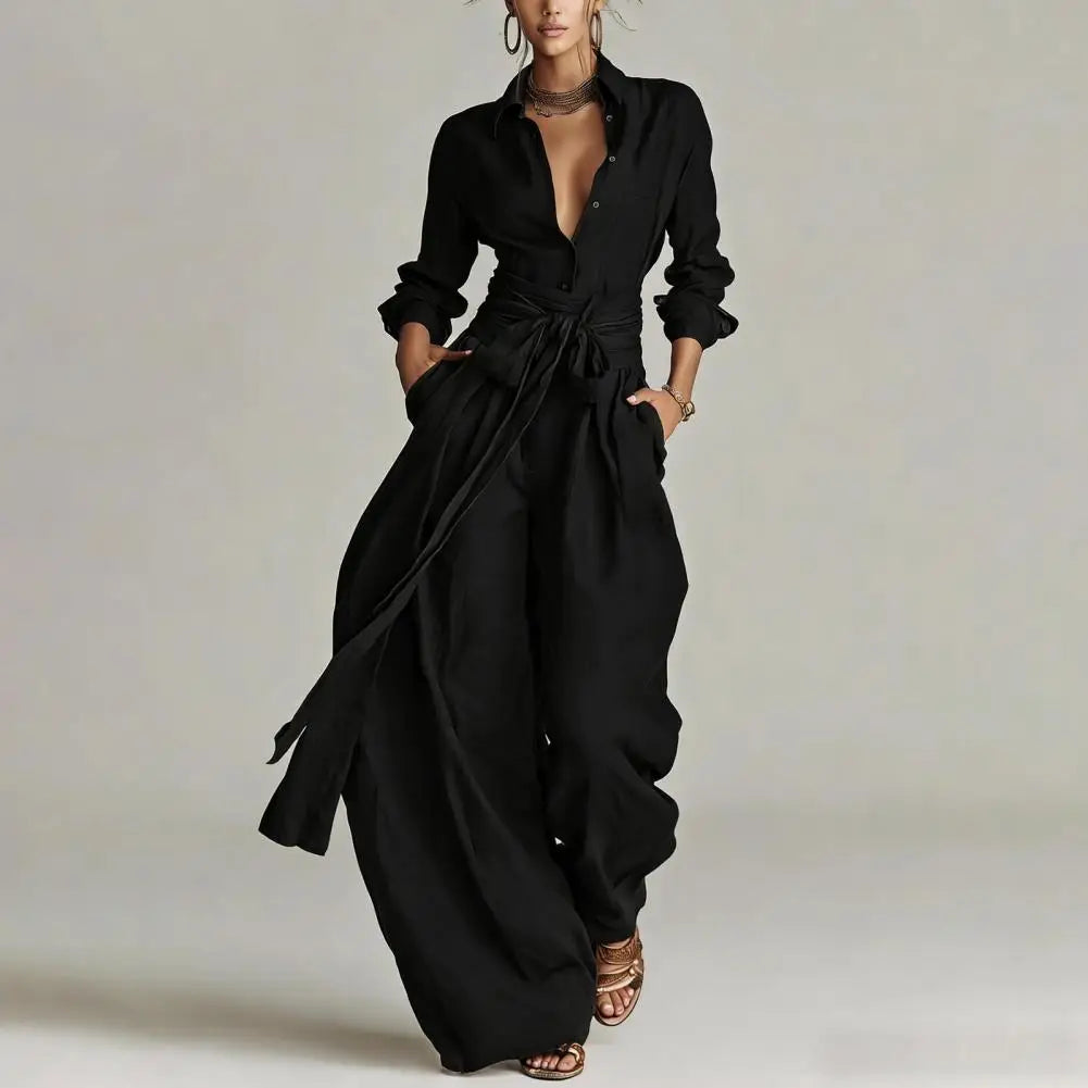 Stylish women's two-piece set: comfortable button-down shirt & wide-leg pants. A complete, fashionable co-ord outfit.