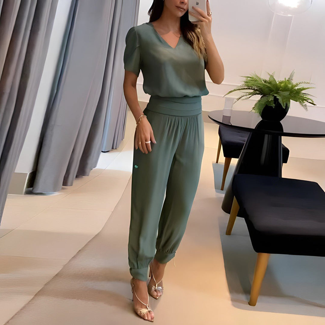 Fashionable women's two-piece set; coordinating top and bottom for a chic, comfortable look.