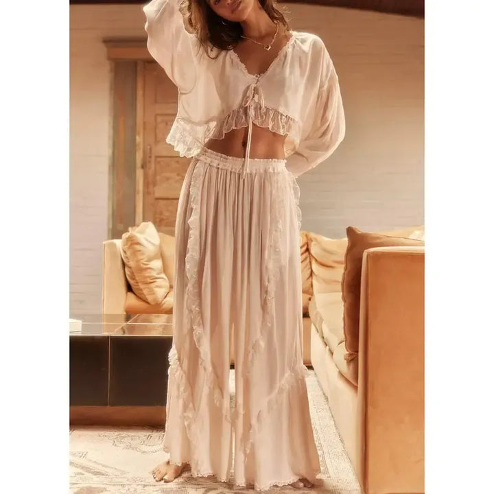 Comfortable women's cotton blend lounge set with stylish ruffles. Perfect casual two-piece outfit for relaxed wear.