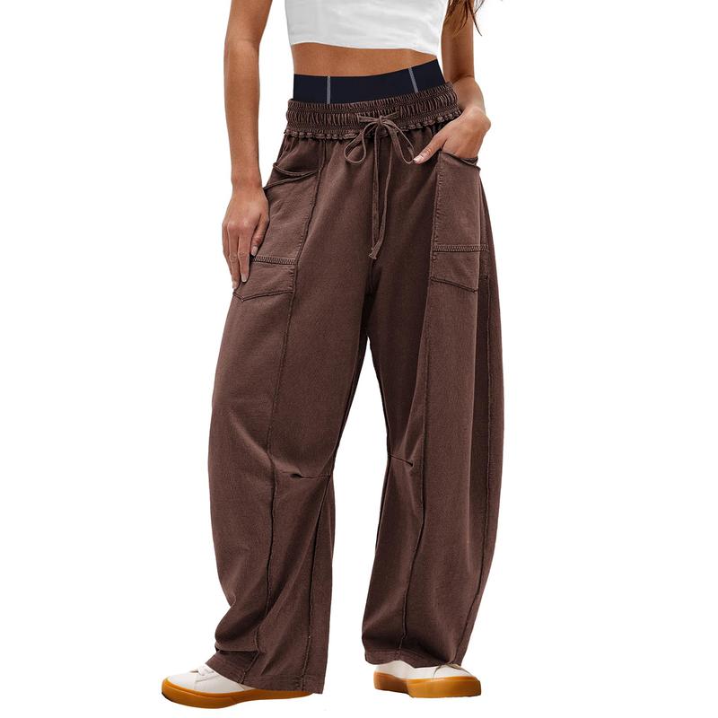 Comfortable women's barrel leg cargo pants, perfect for everyday chic and street style.