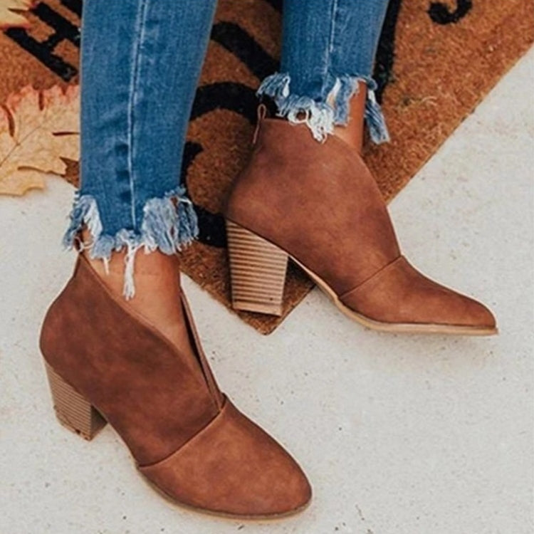 Chic women's V-cut ankle boots. Comfortable everyday footwear for versatile fall and winter styles.