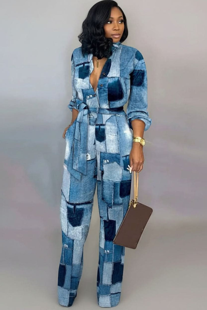 Women's chic V-neck jumpsuit. An elegant, comfortable one-piece outfit for versatile fashion, casual or formal.