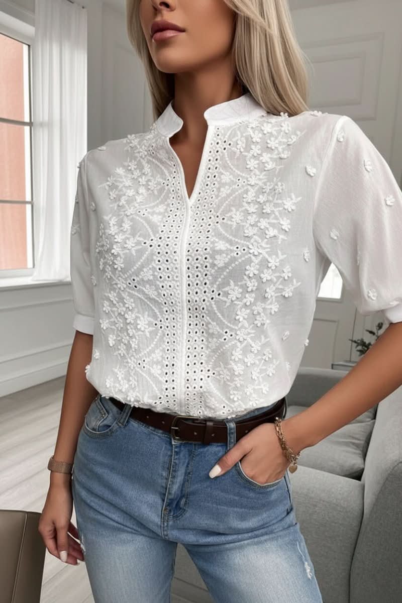 Stylish V-neck women's top with short sleeves. Modern chic design, ideal for casual and office wear.