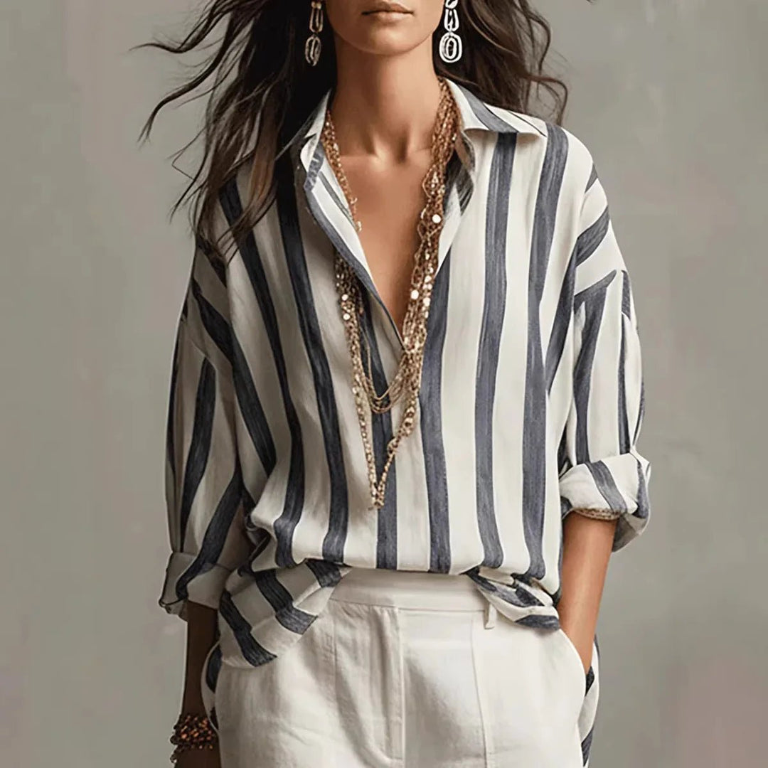 Chic women's vertical stripe blouse with an open collar, perfect for versatile work wear or smart casual styling.
