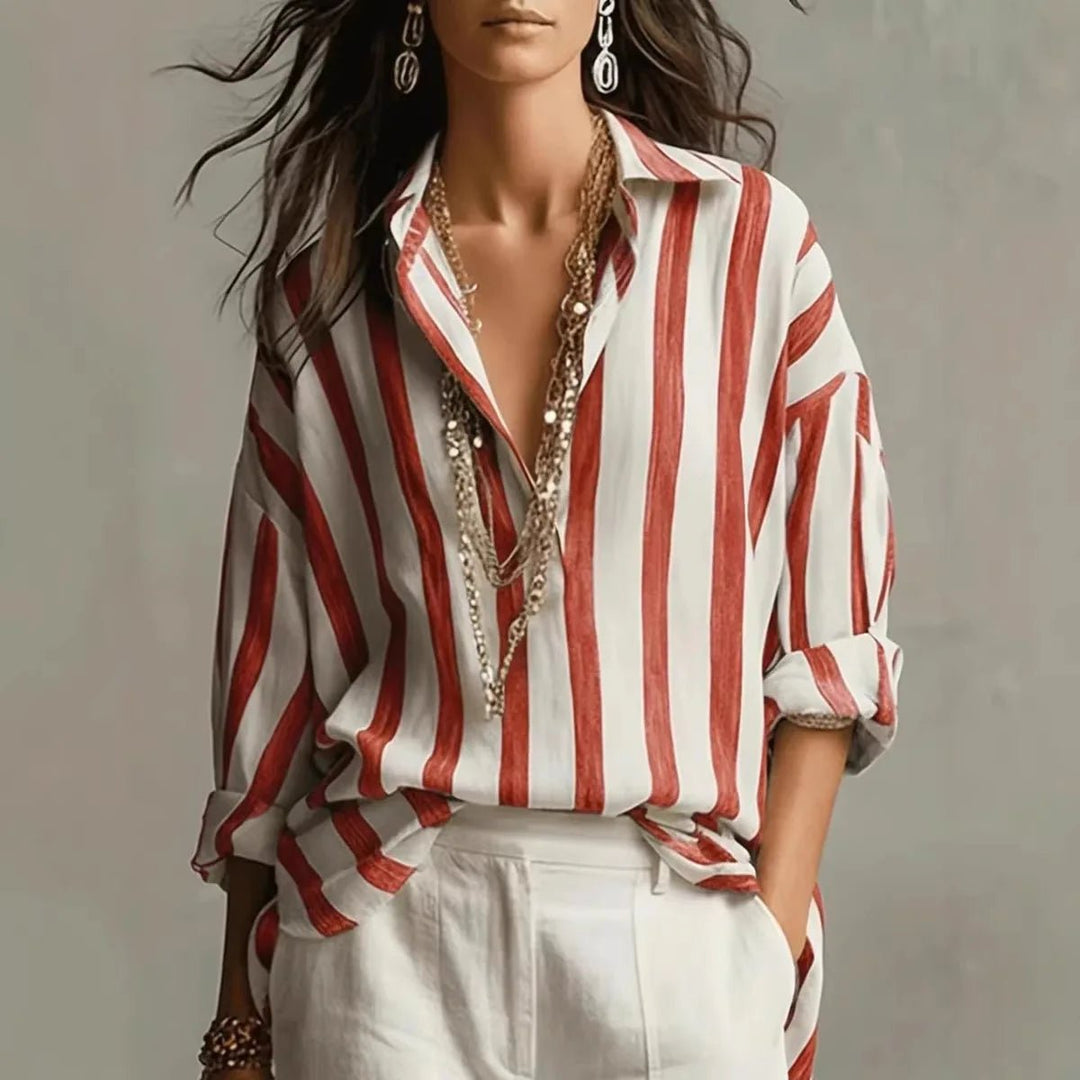 Fashionable women's open collar blouse featuring a classic vertical stripe pattern for a chic, versatile look.