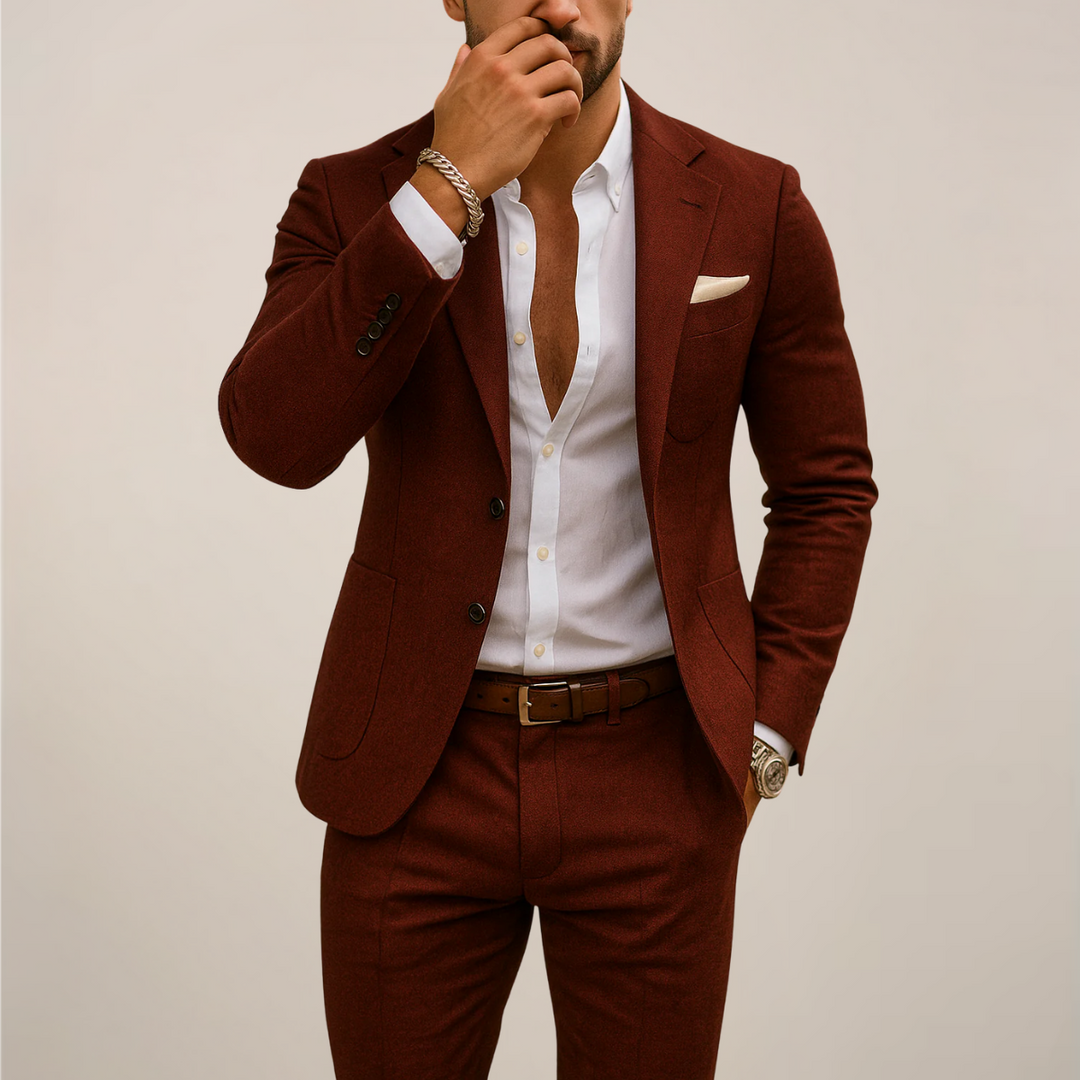 Chic women's warm tones two-piece suit with sleeveless tailored top and wide-leg pants, ideal for elegant summer events.