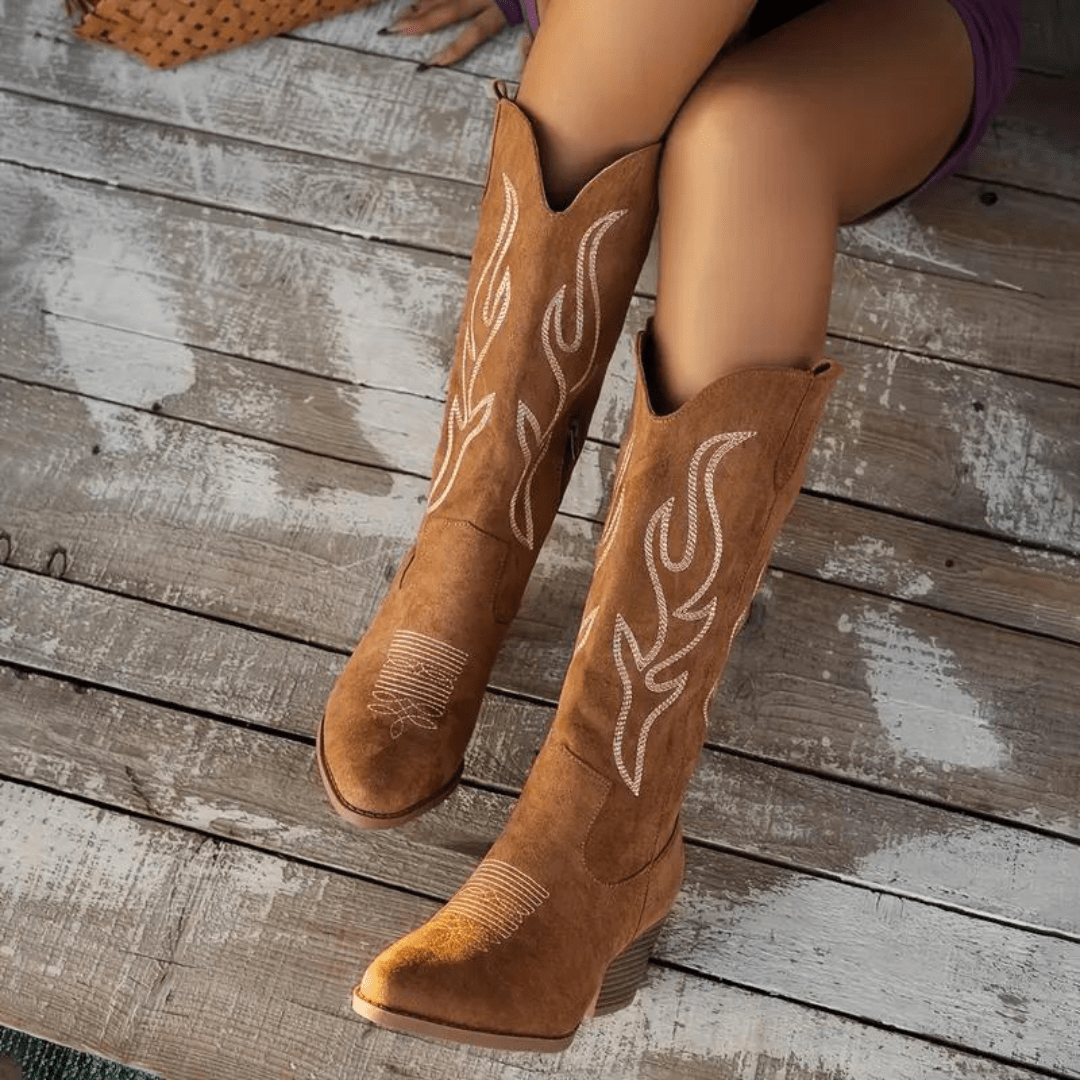 Fashionable women's ankle cowboy boots, featuring a practical side zipper, elegant pointed toe, and chic embroidery.