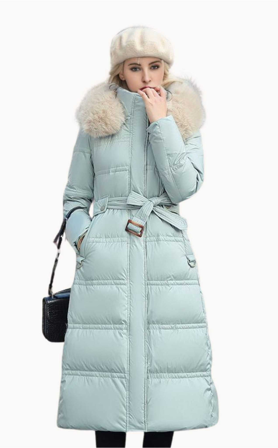 Chic women's winter coat with a removable hood, perfect for elegant cold-weather fashion.