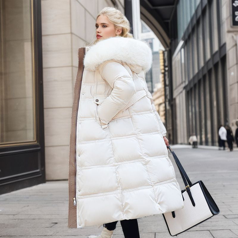 Warm women's outerwear: an elegant winter coat with a removable hood, perfect for chic fashion.