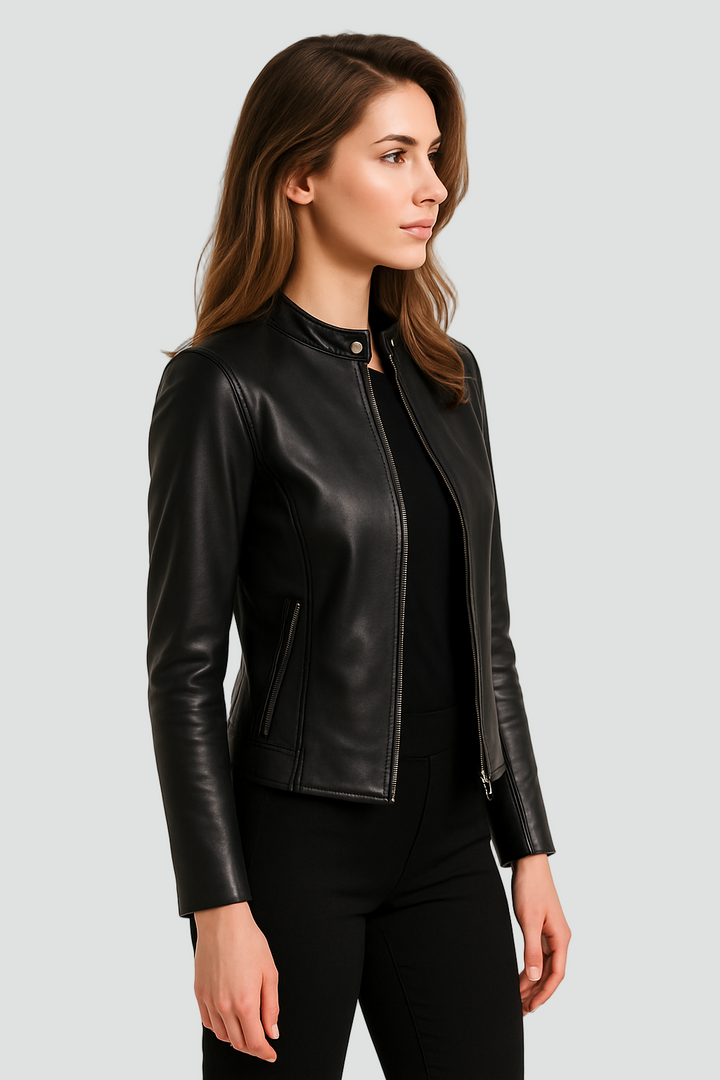 Stylish women's zip jacket, ideal for casual everyday wear or elegant evening looks. Modern fashion outerwear.