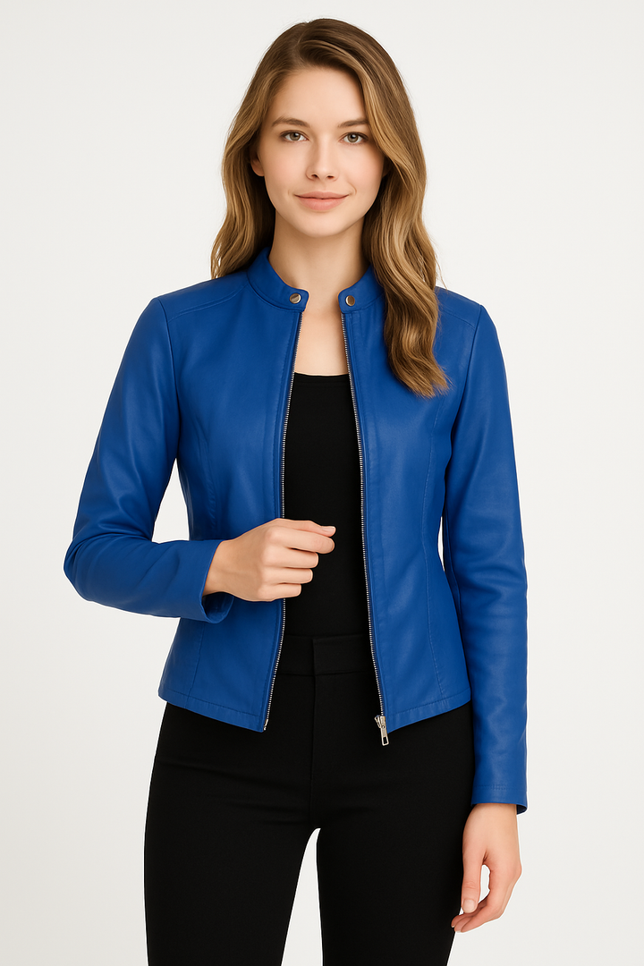 Modern women's fashion zip jacket, offering stylish versatility for casual day & chic evening wear.