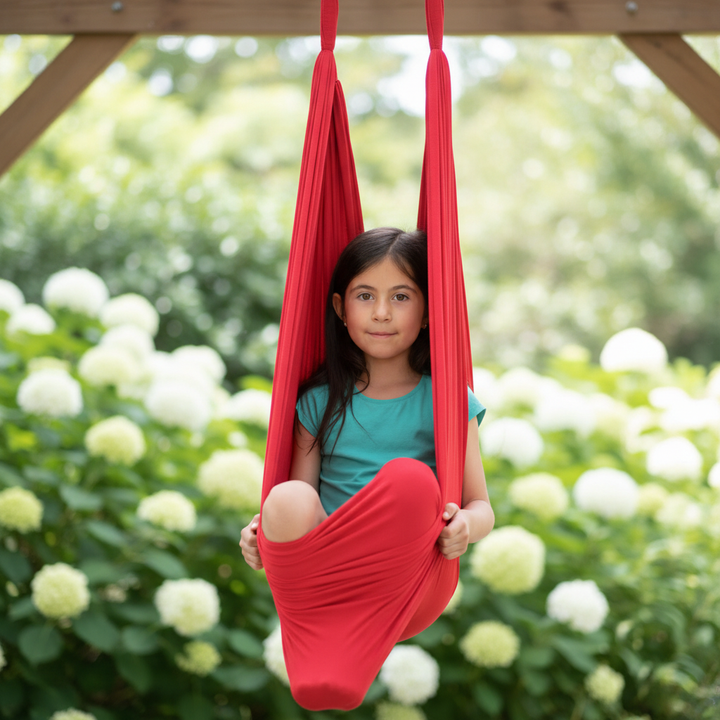Child enjoying a blue sensory therapy swing indoors, promoting calm and focus for special needs.