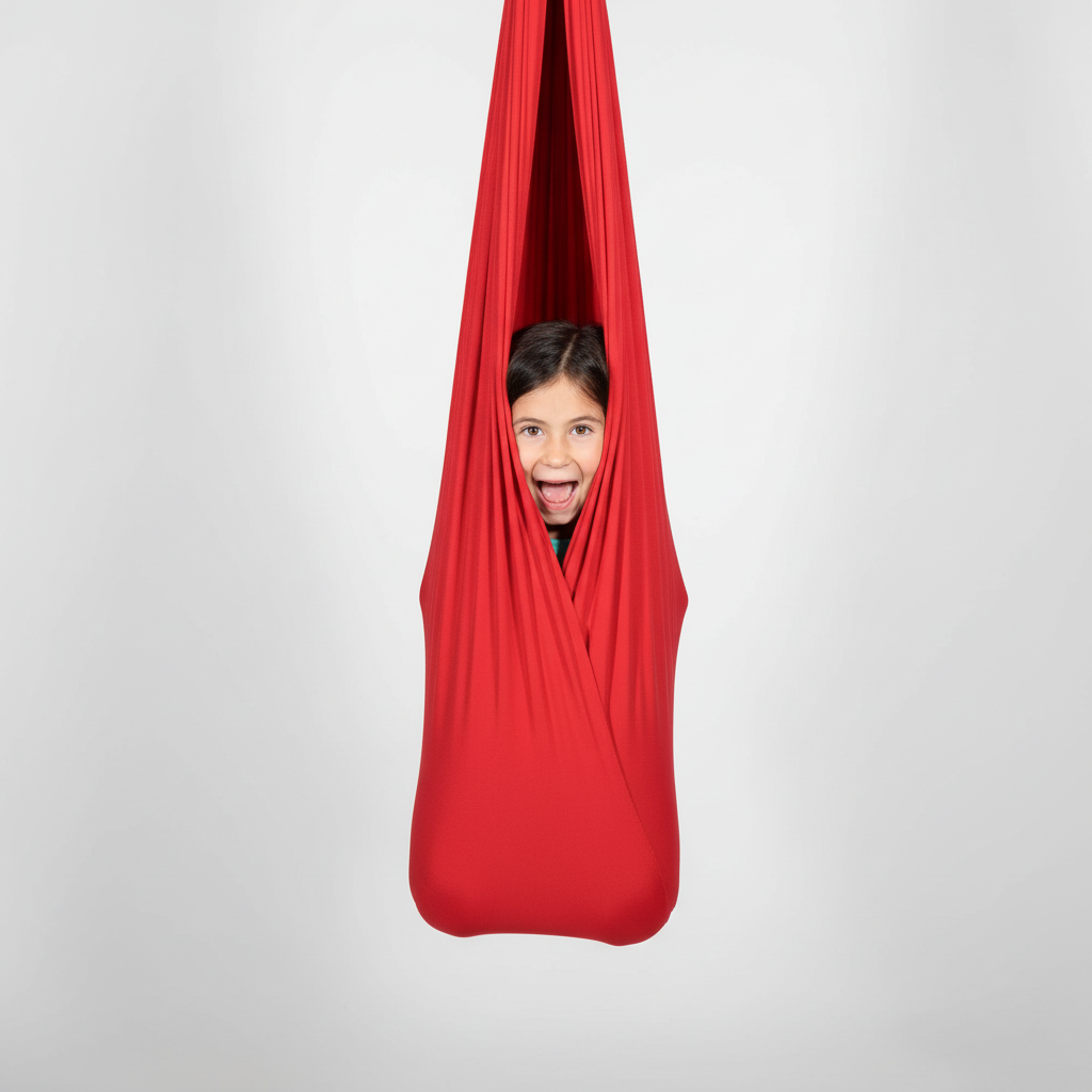 Kids relaxation with a green therapy swing, aiding concentration for children's indoor play.