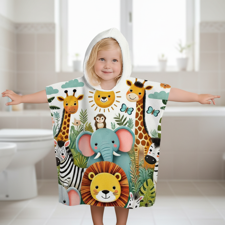 Child in soft polyester AnimalFun hooded cape, perfect for imaginative play & kids playwear.