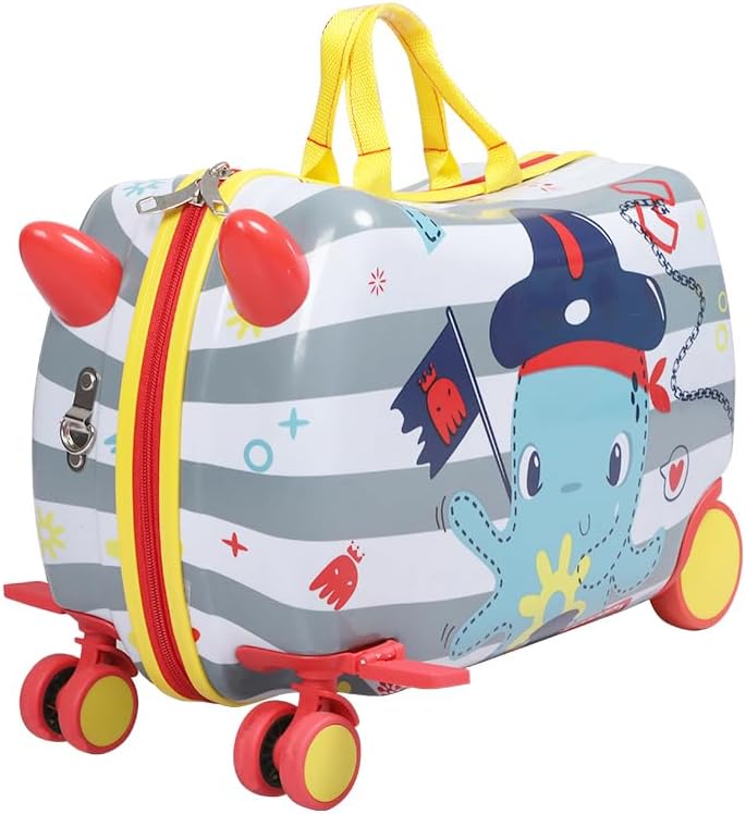 Child's 2-in-1 ride-on scooter suitcase with fun octopus pattern and 360° wheels for easy travel.