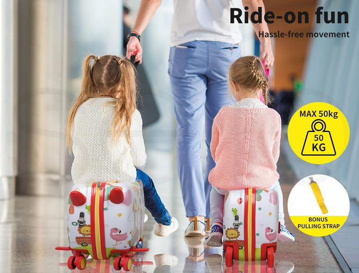 Durable children's ride-on scooter suitcase with vibrant octopus pattern and 360° spinning wheels.