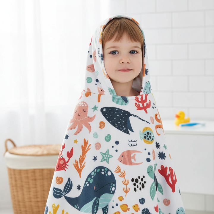 Child wearing SeaCover microfiber hooded beach poncho towel, vibrant blue, playing on sand, close-up
