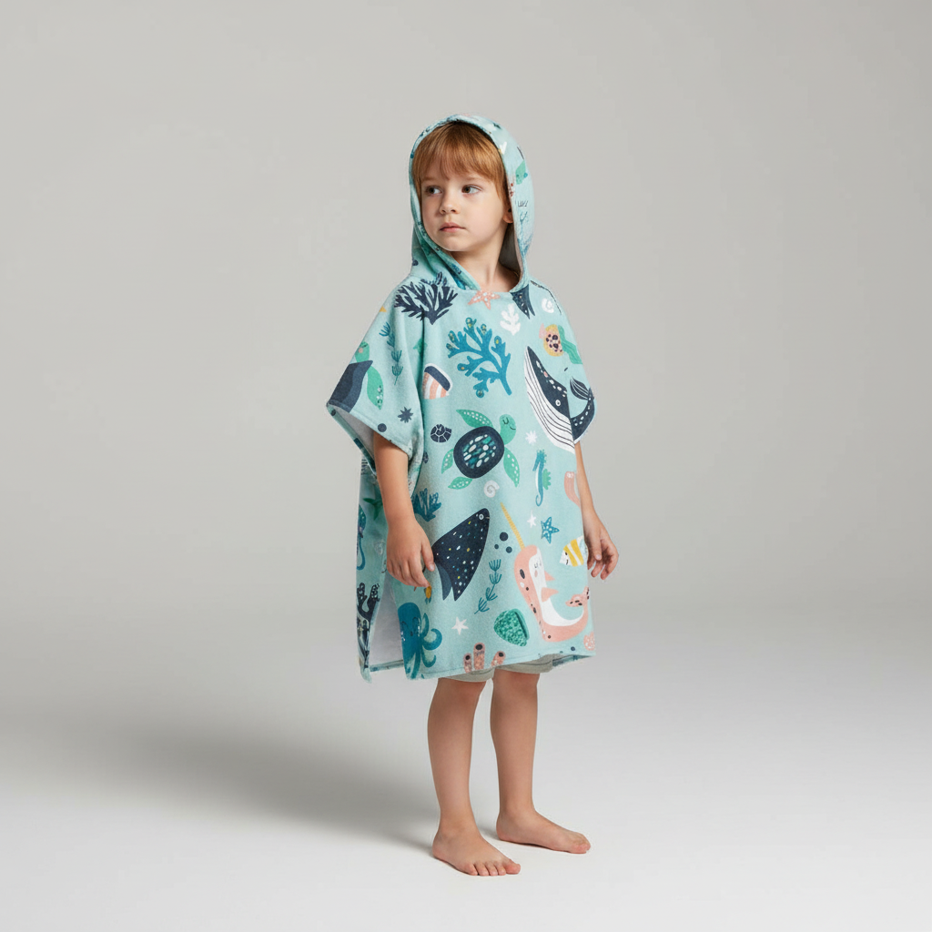 Set of assorted SeaCover children's microfiber hooded poncho towels, various colors, quick-dry, soft, for ages 2-7