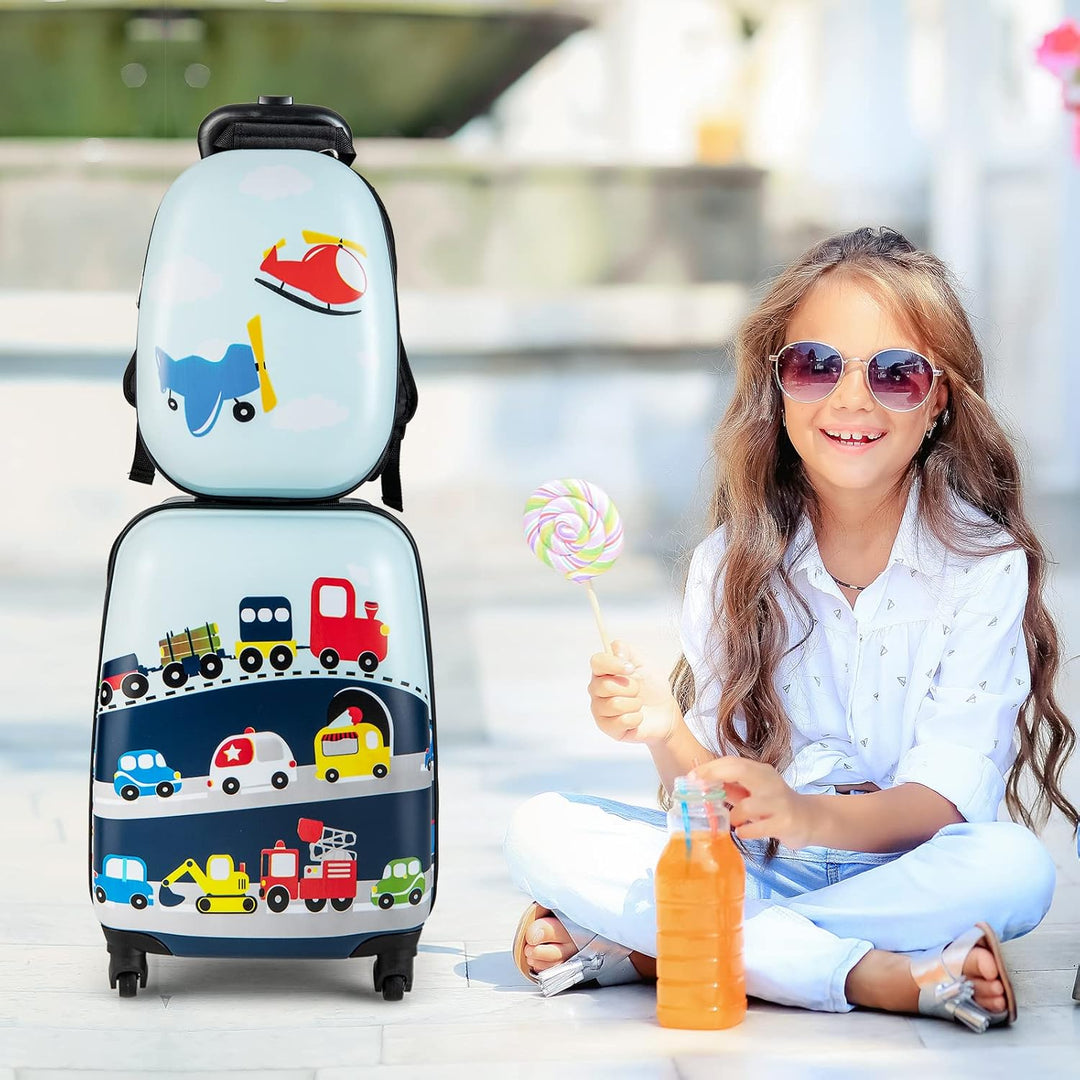 Kids' hard-shell wheeled luggage with 360° spinner wheels & vibrant helicopter design. Perfect toddler suitcase.
