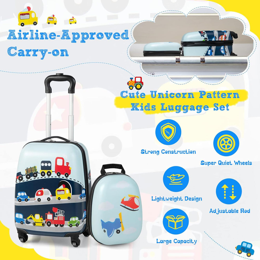 Complete children's travel set: a hard-shell helicopter suitcase with 360° wheels and a matching kids' backpack.
