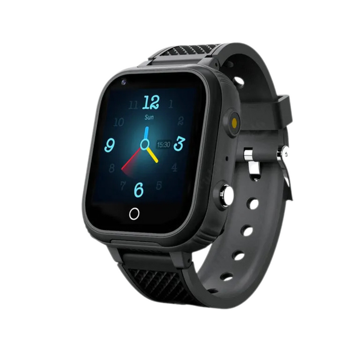 Close-up of children's 4G GPS smartwatch screen. Shows video call & safety features, vibrant display for kids.