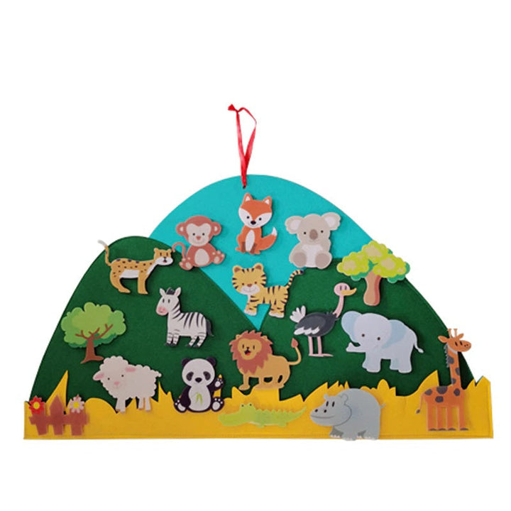 Kids' felt board with colorful animal shapes for imaginative safari, farm, and forest adventures.