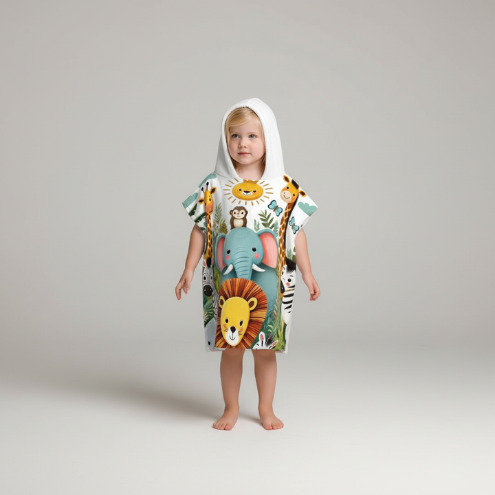 Child wearing AnimalFun hooded play cape, colorful animal print, durable polyester fabric