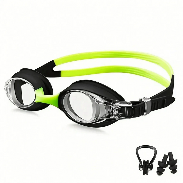 Adjustable anti-fog swim goggles for kids, providing clear vision and a snug fit.