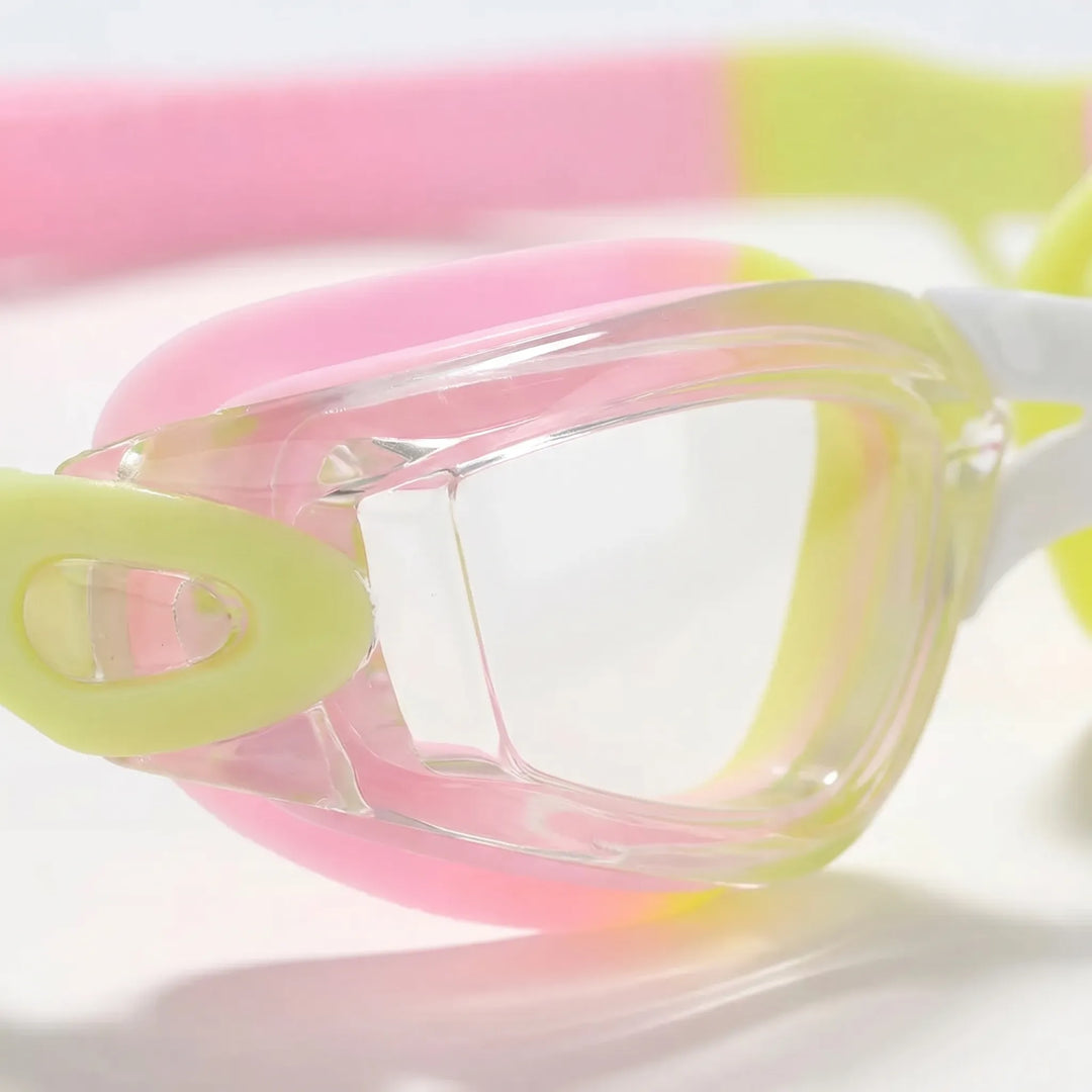 Comfortable children's swim goggles with soft silicone and built-in earplugs for leak-free pool fun.