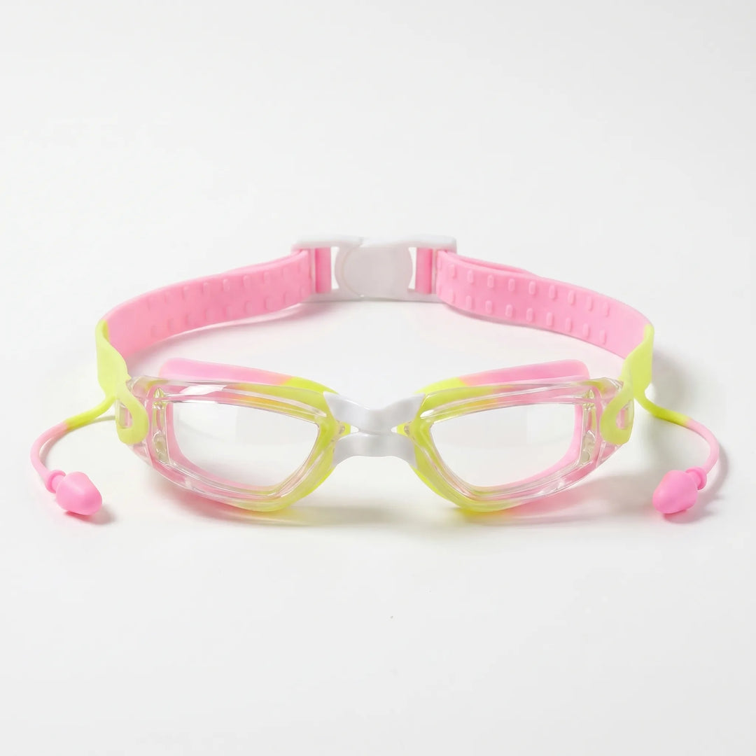 Kids anti-fog swimming goggles featuring a wide, clear lens and secure, adjustable strap for active youth.