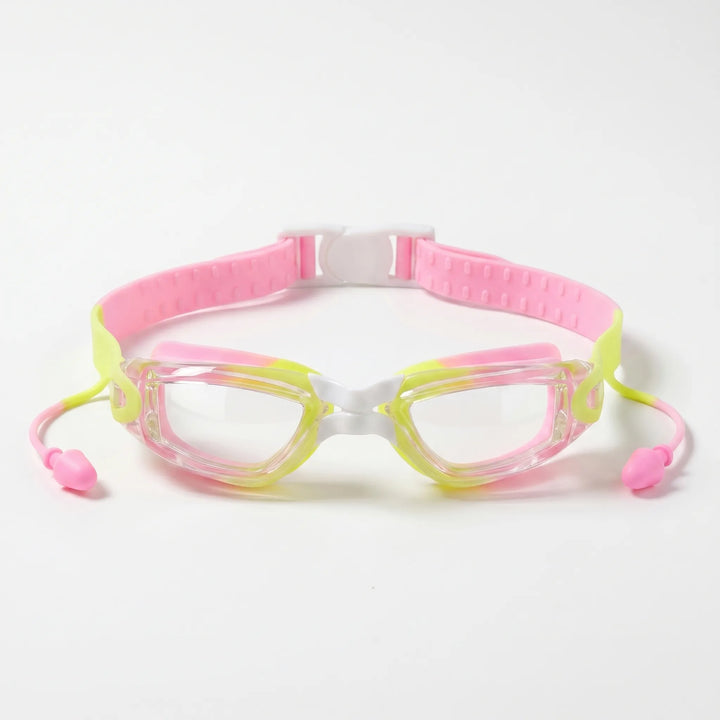 Kids anti-fog swimming goggles featuring a wide, clear lens and secure, adjustable strap for active youth.