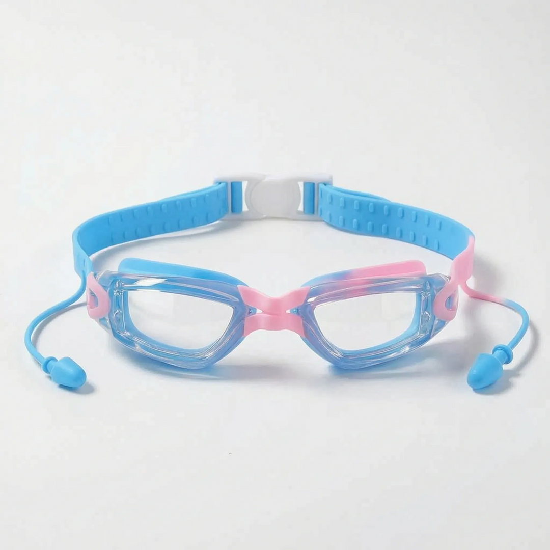 Durable children's anti-fog swimming goggles for boys & girls, ensuring clear vision and ear protection in the water.