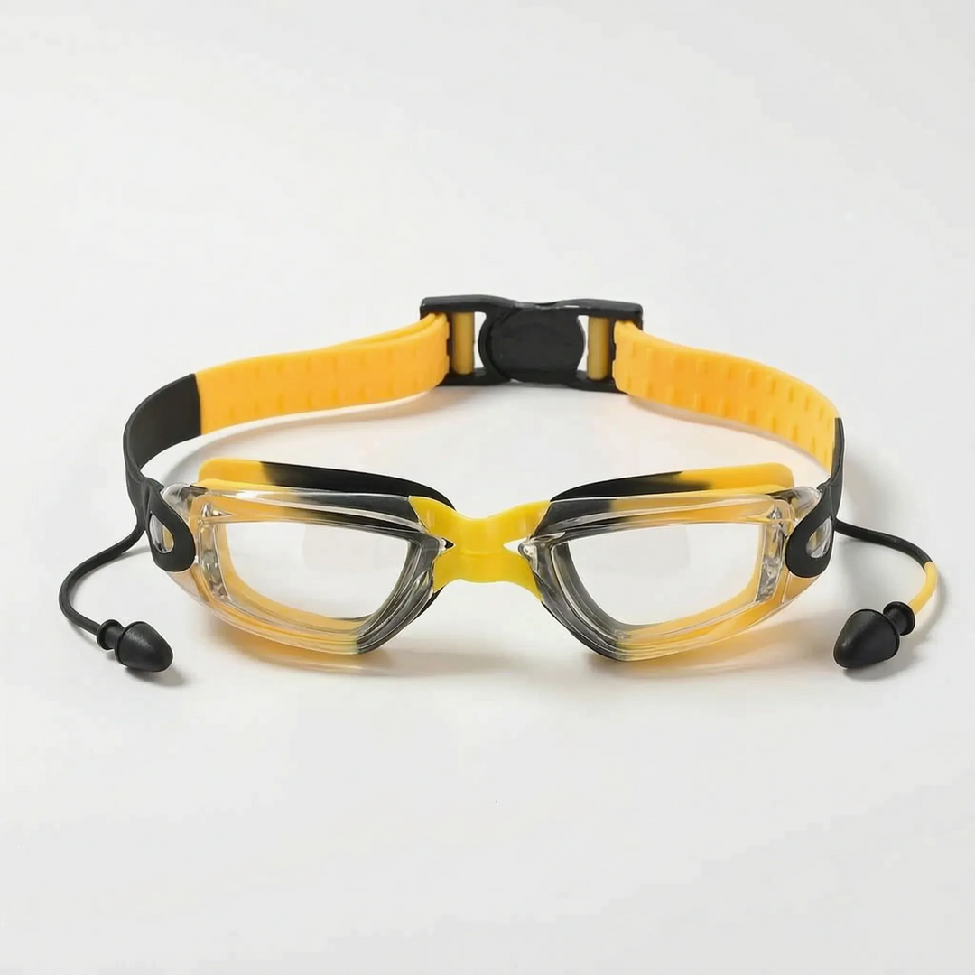 Youth swimming goggles with anti-fog coating and soft, flexible earplugs; ideal for lessons & recreational swimming.