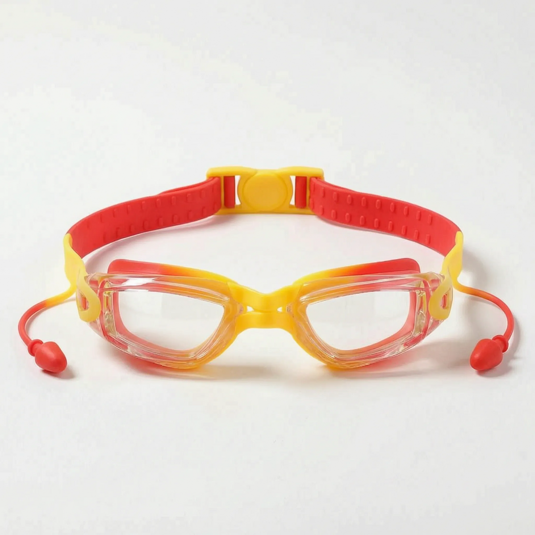 Anti-fog children's swim goggles with comfortable fit and clear lenses for excellent underwater visibility. Includes earplugs.