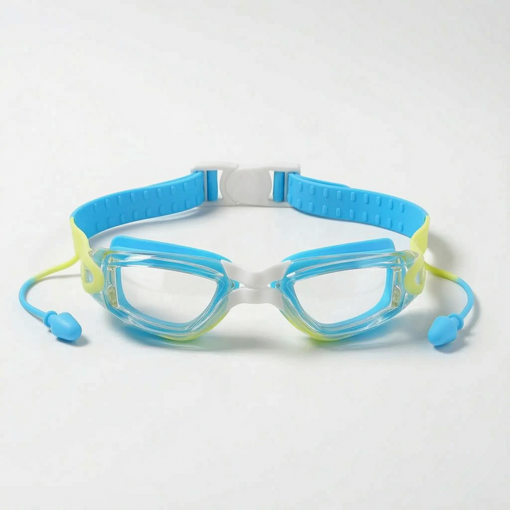 High-quality children's swimming goggles with anti-fog treatment, UV protection, and integrated earplugs for young swimmers.