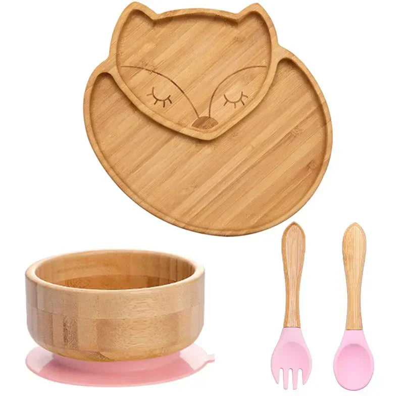 Weaning made easy with bamboo suction plate, bowl, spoon & fork for young children.