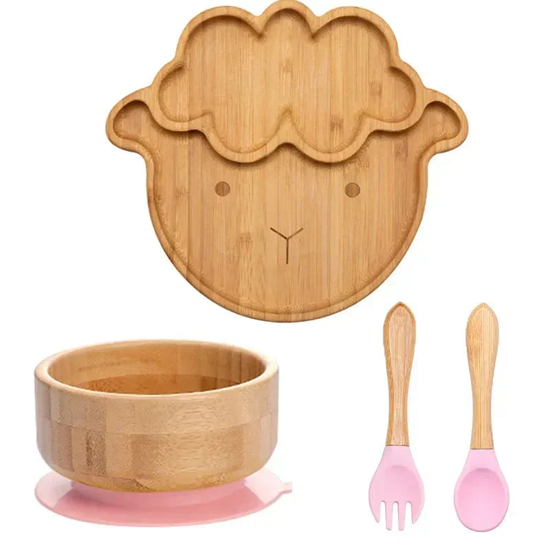 Baby's first feeding set: bamboo plate, bowl, cup, utensils with secure suction.