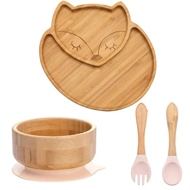 Children's bamboo tableware set: plate, bowl, spoon, fork, all with reliable suction.