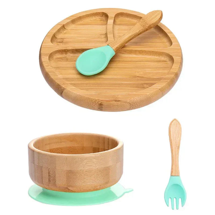 Natural bamboo baby feeding set, suction cup keeps plate firmly in place, no more flipping.
