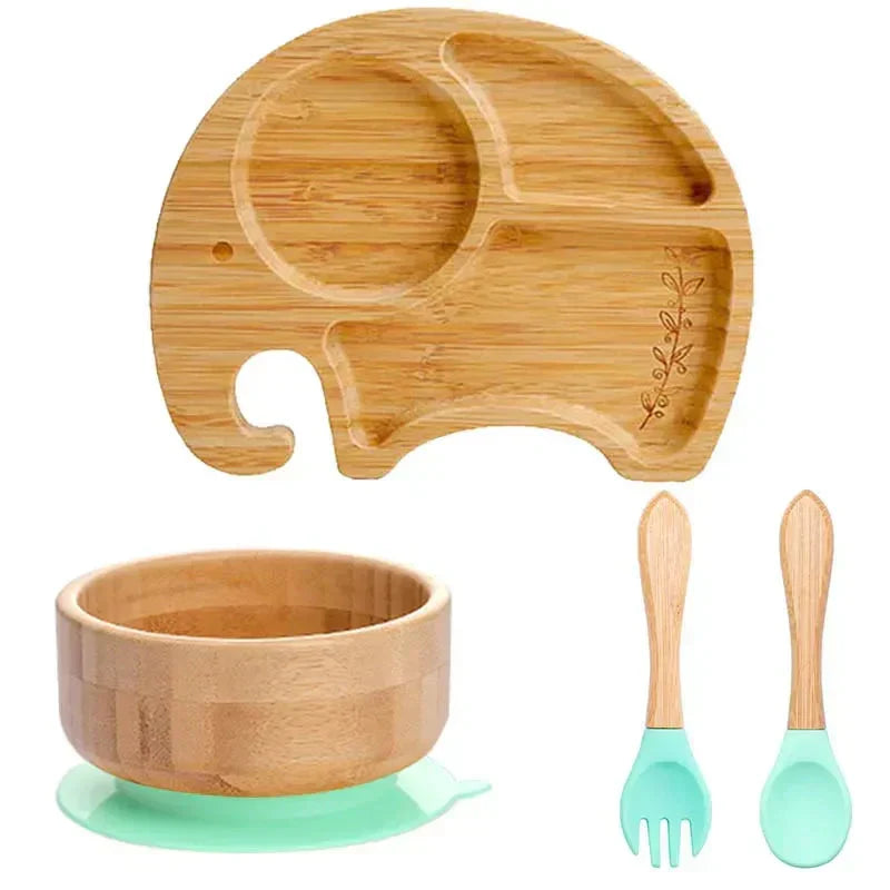 Infant feeding set: eco-friendly bamboo suction bowl, spoon, and fork for independent eating.