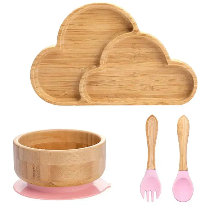 Sustainable children's tableware: bamboo plate, bowl, and utensils with strong suction.